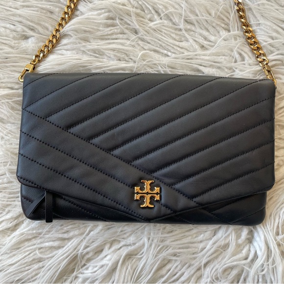 Tory Burch Black Lambskin Leather Convertible Kira Chevron Clutch Logo Bag EUC - Picture 4 of 12